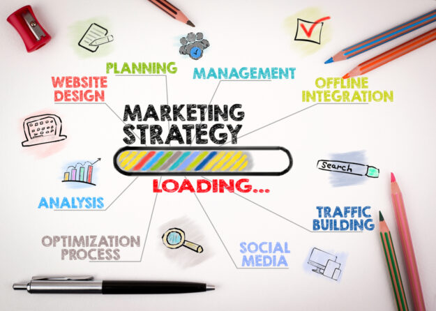 Marketing,Strategy,Concept.,Chart,With,Keywords,And,Icons,On,White